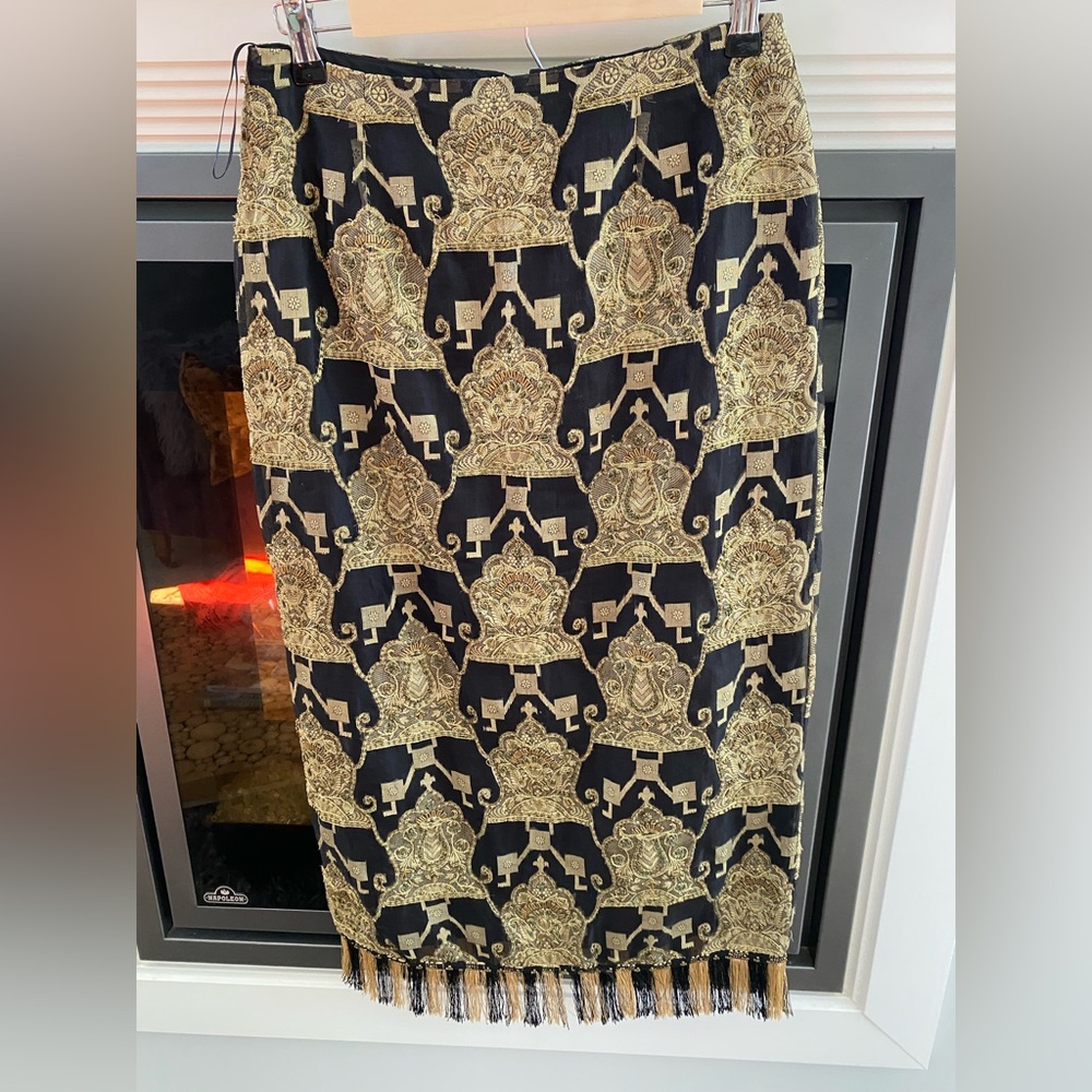 Women’s Dolce Apparel Gothic Black/Gold Silk Blend Pencil Skirt Fringe Bottom